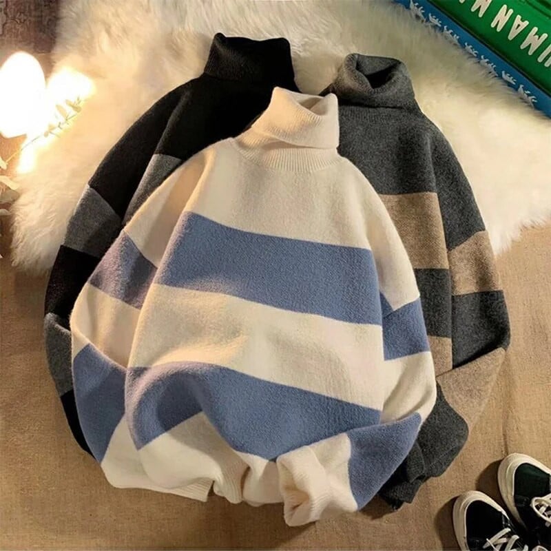 Rudens žiema dryžuotas vyriškas megztinis ilgomis rankovėmis, studentų korėjiečių mados laisvalaikio Harajuku per didelis storas megztinis