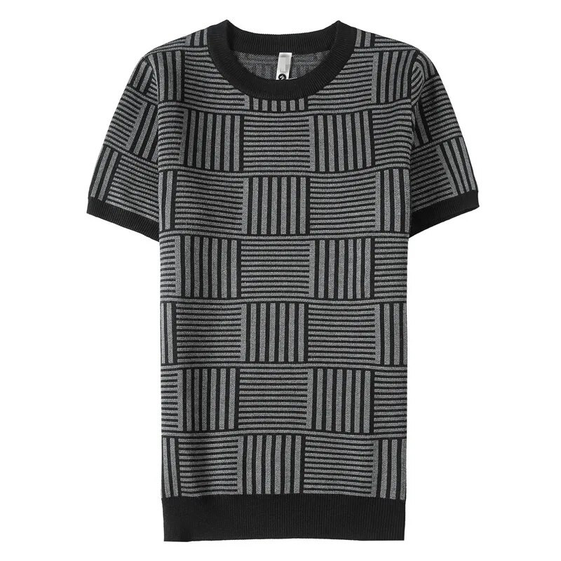 Briti stiilis sügisene O-kaelusega lühikeste varrukatega kampsun Moodne meeste triibuline silmkoeline Slim Fit T-särk Pullovers Sotsiaalne tänavariietus 4XL