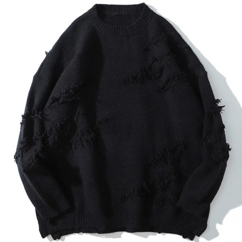 Vintage džemperis Hip Hop Harajuku vīriešu apģērbi Ielu apģērbi Puloveri Lielizmēra džemperis tīras krāsas caurumu vilnas trikotāžas topi