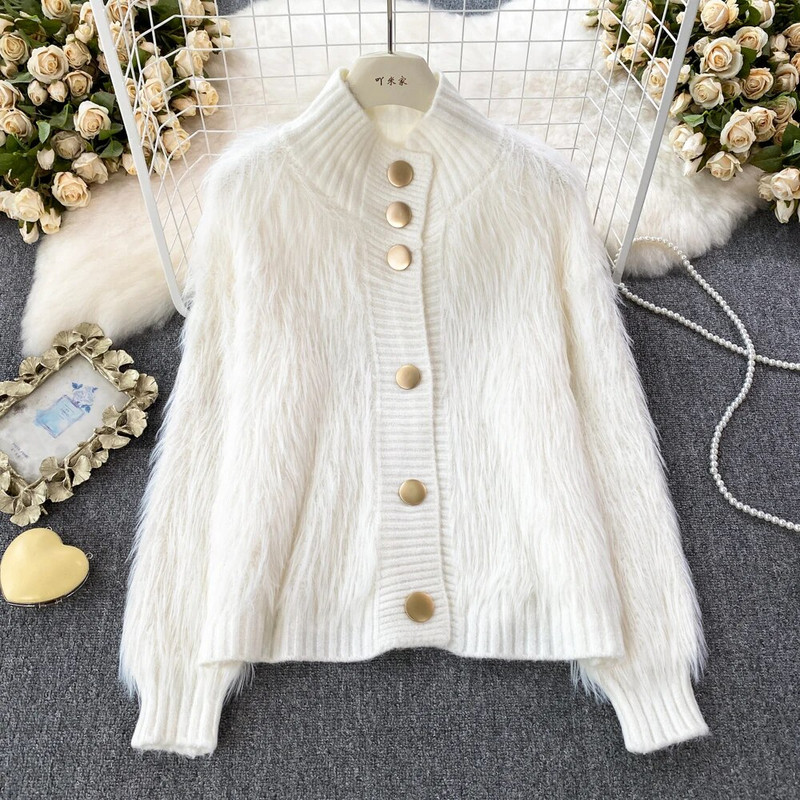 Imitacija audinės megztinis, madinga stovima apykakle, laisva viršutinė moteriška 2023 m. rudens/žiemos korėjietiška minkšta, patogi megztinė, vientisas paltas