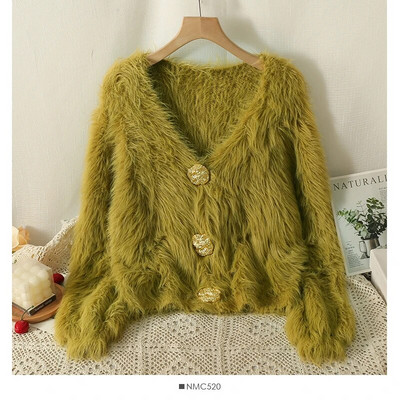 Vienkrāsains plīša jakas džemperis 2023. gada rudens/ziemas, jauns V veida kakla izgriezuma mētelis ar garām piedurknēm, sieviešu modes brīvs, mīksts, komfortabls trikotāžas tops