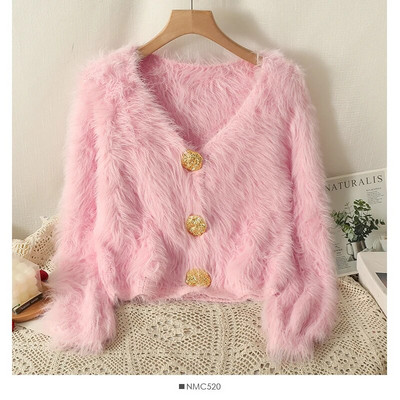 Vienkrāsains plīša jakas džemperis 2023. gada rudens/ziemas, jauns V veida kakla izgriezuma mētelis ar garām piedurknēm, sieviešu modes brīvs, mīksts, komfortabls trikotāžas tops