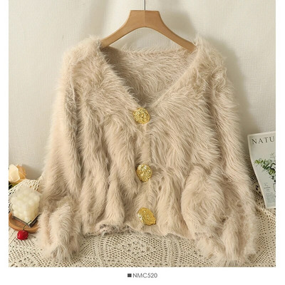 Vienkrāsains plīša jakas džemperis 2023. gada rudens/ziemas, jauns V veida kakla izgriezuma mētelis ar garām piedurknēm, sieviešu modes brīvs, mīksts, komfortabls trikotāžas tops