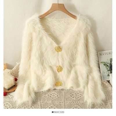 Vienkrāsains plīša jakas džemperis 2023. gada rudens/ziemas, jauns V veida kakla izgriezuma mētelis ar garām piedurknēm, sieviešu modes brīvs, mīksts, komfortabls trikotāžas tops