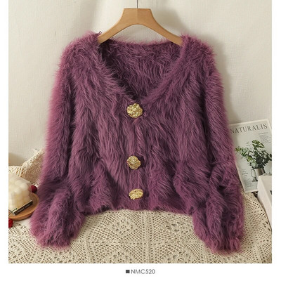 Vienkrāsains plīša jakas džemperis 2023. gada rudens/ziemas, jauns V veida kakla izgriezuma mētelis ar garām piedurknēm, sieviešu modes brīvs, mīksts, komfortabls trikotāžas tops