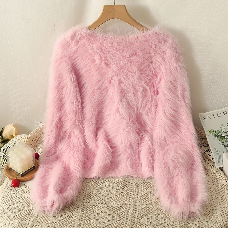 Vienkrāsains plīša jakas džemperis 2023. gada rudens/ziemas, jauns V veida kakla izgriezuma mētelis ar garām piedurknēm, sieviešu modes brīvs, mīksts, komfortabls trikotāžas tops