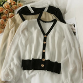 Sieviešu 2022. gada V kakla džemperi ar vienrindu pūšām piedurknēm ar paneļiem, stilīgi, rudens retro īsie korejiešu stila džemperi