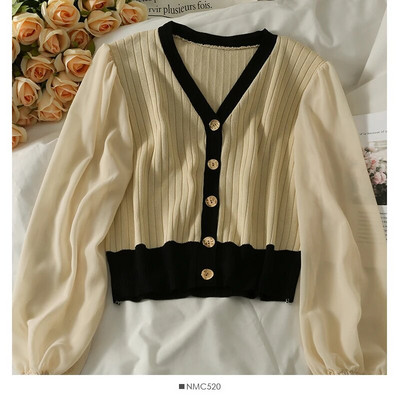 Sieviešu 2022. gada V kakla džemperi ar vienrindu pūšām piedurknēm ar paneļiem, stilīgi, rudens retro īsie korejiešu stila džemperi