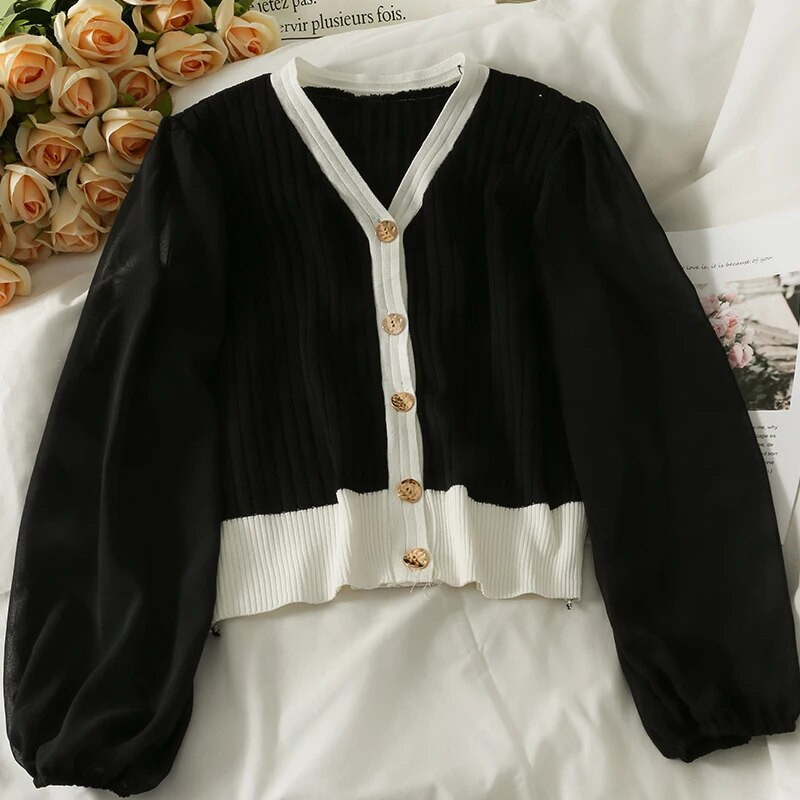 Sieviešu 2022. gada V kakla džemperi ar vienrindu pūšām piedurknēm ar paneļiem, stilīgi, rudens retro īsie korejiešu stila džemperi