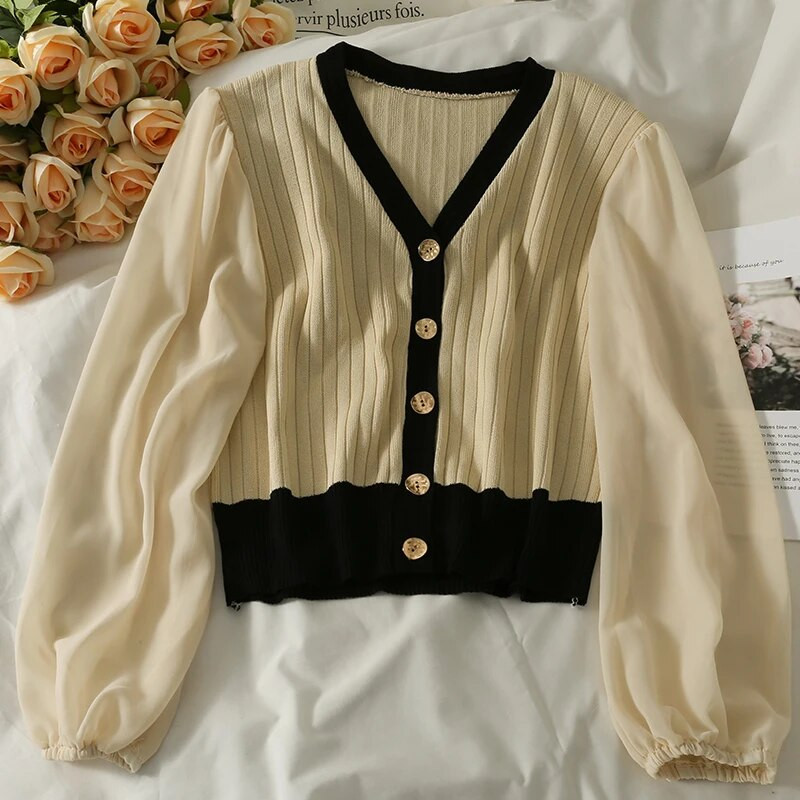 Sieviešu 2022. gada V kakla džemperi ar vienrindu pūšām piedurknēm ar paneļiem, stilīgi, rudens retro īsie korejiešu stila džemperi