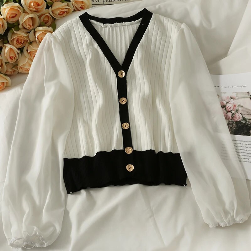 Sieviešu 2022. gada V kakla džemperi ar vienrindu pūšām piedurknēm ar paneļiem, stilīgi, rudens retro īsie korejiešu stila džemperi