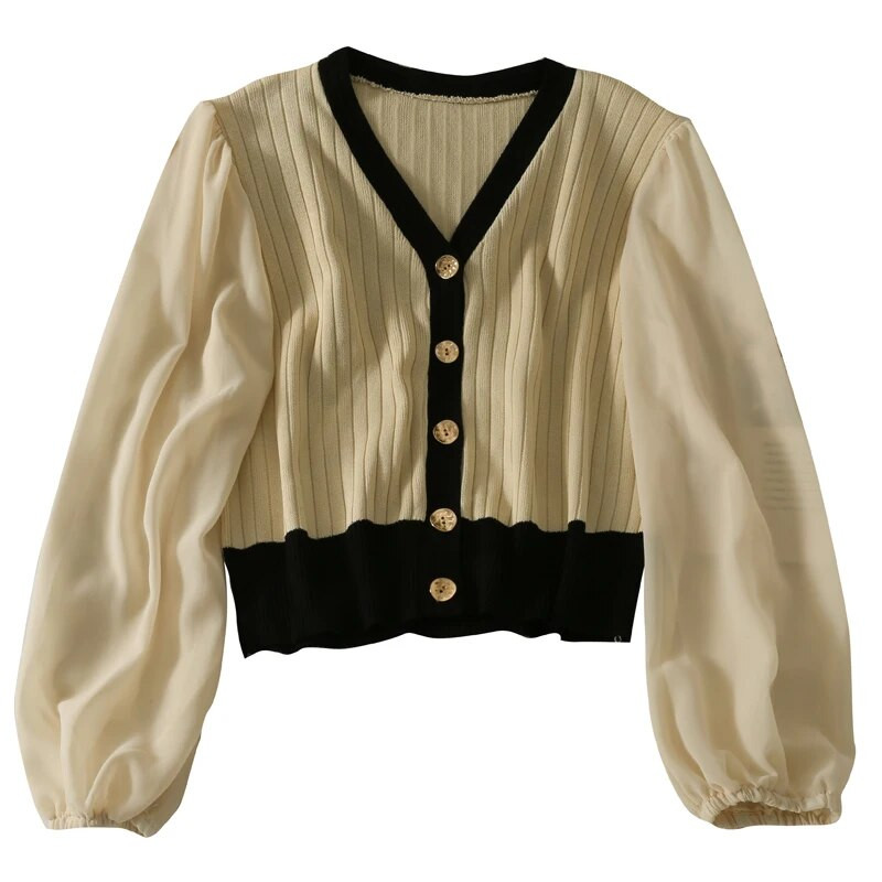 Sieviešu 2022. gada V kakla džemperi ar vienrindu pūšām piedurknēm ar paneļiem, stilīgi, rudens retro īsie korejiešu stila džemperi