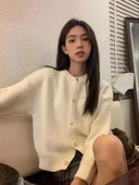 Rudens žiemos saldus megztinis Paprastas O kaklo masyvus trumpas biuro moteriškas kardiganinis paltas Metalinis vienaeilis apatinis drabužis ilgomis rankovėmis