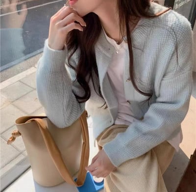 Rudens žiemos saldus megztinis Paprastas O kaklo masyvus trumpas biuro moteriškas kardiganinis paltas Metalinis vienaeilis apatinis drabužis ilgomis rankovėmis