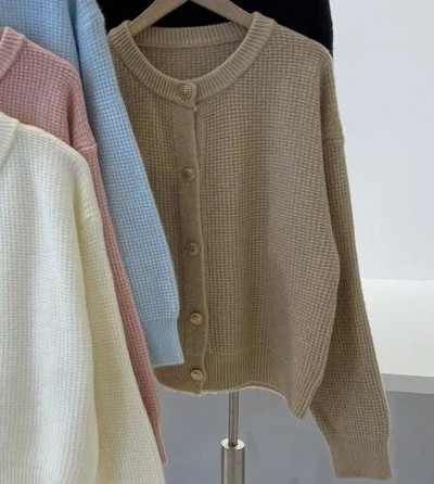 Rudens žiemos saldus megztinis Paprastas O kaklo masyvus trumpas biuro moteriškas kardiganinis paltas Metalinis vienaeilis apatinis drabužis ilgomis rankovėmis