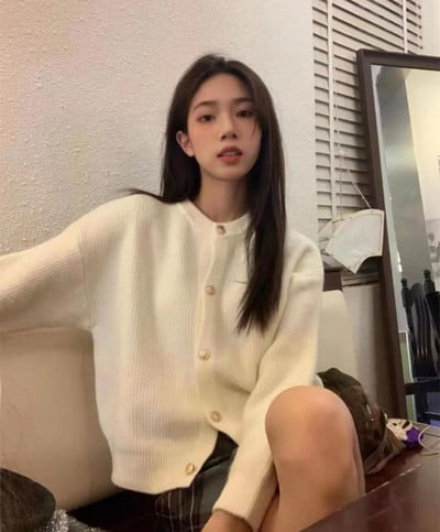 Rudens žiemos saldus megztinis Paprastas O kaklo masyvus trumpas biuro moteriškas kardiganinis paltas Metalinis vienaeilis apatinis drabužis ilgomis rankovėmis