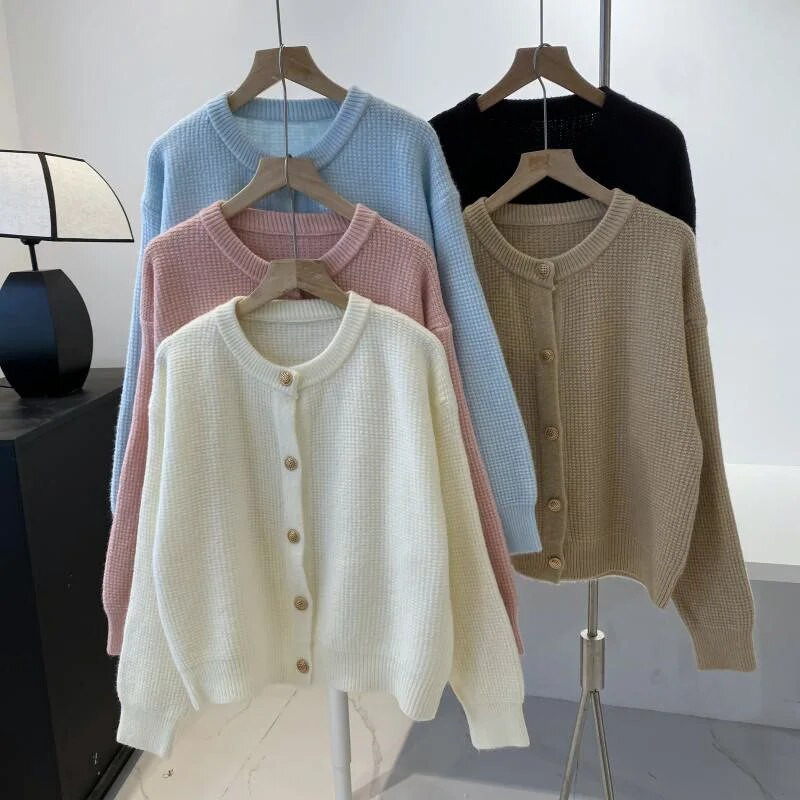 Rudens žiemos saldus megztinis Paprastas O kaklo masyvus trumpas biuro moteriškas kardiganinis paltas Metalinis vienaeilis apatinis drabužis ilgomis rankovėmis
