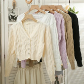 Sieviešu džemperis, 2023. gada jauns, V veida kakla izgriezuma krekls ar vienrindu, īss, moderns, daudzpusīgs, spirālveida raksts, adīts krekls ar garām piedurknēm