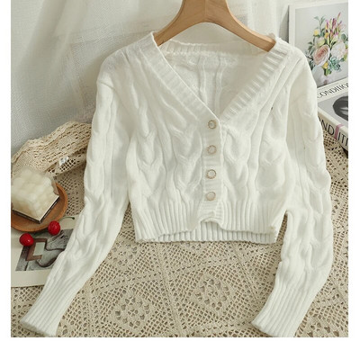 Sieviešu džemperis, 2023. gada jauns, V veida kakla izgriezuma krekls ar vienrindu, īss, moderns, daudzpusīgs, spirālveida raksts, adīts krekls ar garām piedurknēm