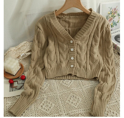 Sieviešu džemperis, 2023. gada jauns, V veida kakla izgriezuma krekls ar vienrindu, īss, moderns, daudzpusīgs, spirālveida raksts, adīts krekls ar garām piedurknēm