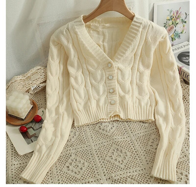 Sieviešu džemperis, 2023. gada jauns, V veida kakla izgriezuma krekls ar vienrindu, īss, moderns, daudzpusīgs, spirālveida raksts, adīts krekls ar garām piedurknēm