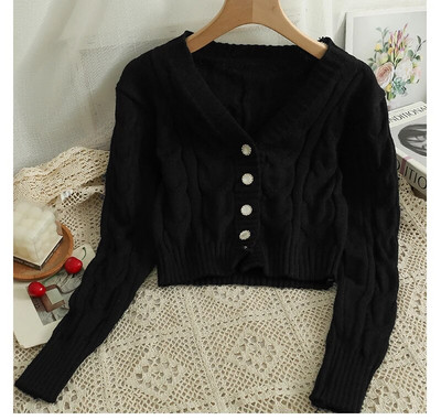 Sieviešu džemperis, 2023. gada jauns, V veida kakla izgriezuma krekls ar vienrindu, īss, moderns, daudzpusīgs, spirālveida raksts, adīts krekls ar garām piedurknēm