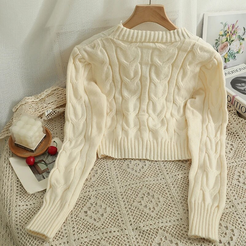 Sieviešu džemperis, 2023. gada jauns, V veida kakla izgriezuma krekls ar vienrindu, īss, moderns, daudzpusīgs, spirālveida raksts, adīts krekls ar garām piedurknēm