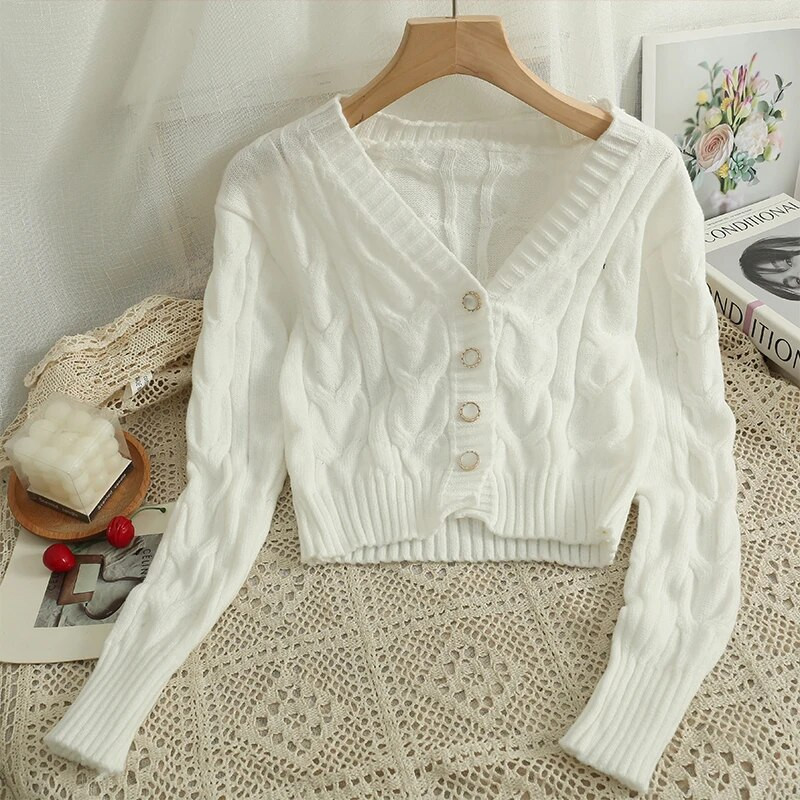 Sieviešu džemperis, 2023. gada jauns, V veida kakla izgriezuma krekls ar vienrindu, īss, moderns, daudzpusīgs, spirālveida raksts, adīts krekls ar garām piedurknēm