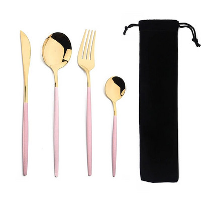 Hordozható 4 db-os étkészlet rozsdamentes acél étkészlet evőeszköz Western kés villa teáskanál konyhai vacsora evőeszköz készlet zacskóval