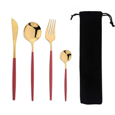 Hordozható 4 db-os étkészlet rozsdamentes acél étkészlet evőeszköz Western kés villa teáskanál konyhai vacsora evőeszköz készlet zacskóval