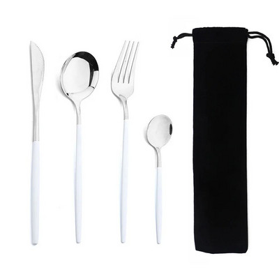Hordozható 4 db-os étkészlet rozsdamentes acél étkészlet evőeszköz Western kés villa teáskanál konyhai vacsora evőeszköz készlet zacskóval