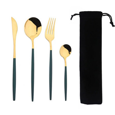 Hordozható 4 db-os étkészlet rozsdamentes acél étkészlet evőeszköz Western kés villa teáskanál konyhai vacsora evőeszköz készlet zacskóval