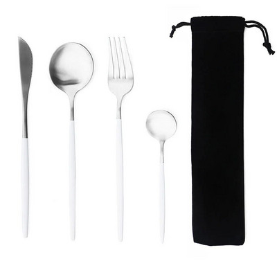 Hordozható 4 db-os étkészlet rozsdamentes acél étkészlet evőeszköz Western kés villa teáskanál konyhai vacsora evőeszköz készlet zacskóval