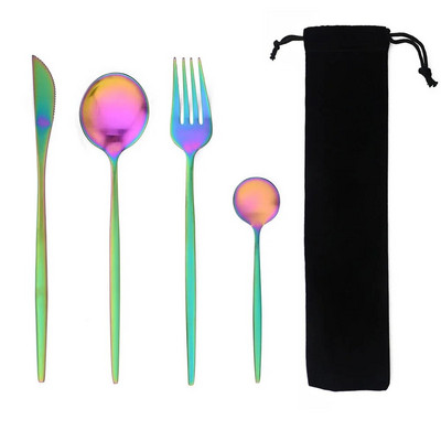 Hordozható 4 db-os étkészlet rozsdamentes acél étkészlet evőeszköz Western kés villa teáskanál konyhai vacsora evőeszköz készlet zacskóval