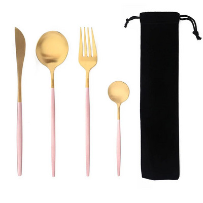 Hordozható 4 db-os étkészlet rozsdamentes acél étkészlet evőeszköz Western kés villa teáskanál konyhai vacsora evőeszköz készlet zacskóval