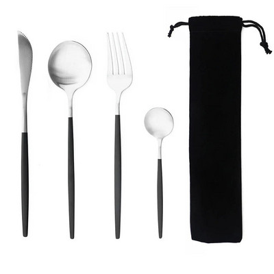 Hordozható 4 db-os étkészlet rozsdamentes acél étkészlet evőeszköz Western kés villa teáskanál konyhai vacsora evőeszköz készlet zacskóval