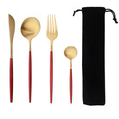 Hordozható 4 db-os étkészlet rozsdamentes acél étkészlet evőeszköz Western kés villa teáskanál konyhai vacsora evőeszköz készlet zacskóval