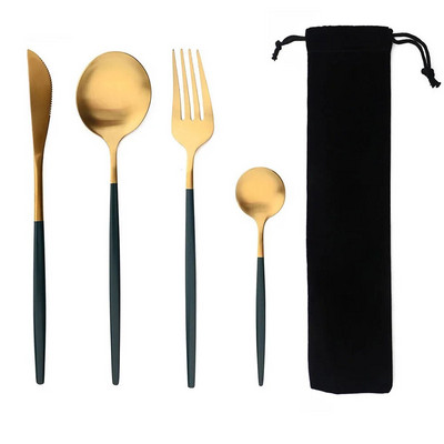 Hordozható 4 db-os étkészlet rozsdamentes acél étkészlet evőeszköz Western kés villa teáskanál konyhai vacsora evőeszköz készlet zacskóval
