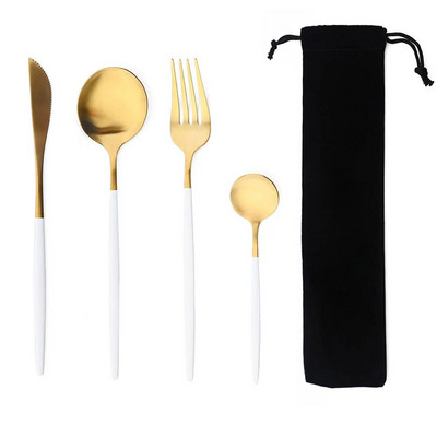 Hordozható 4 db-os étkészlet rozsdamentes acél étkészlet evőeszköz Western kés villa teáskanál konyhai vacsora evőeszköz készlet zacskóval