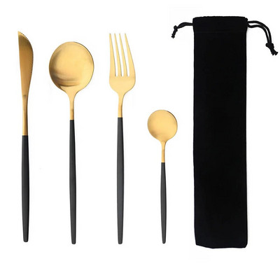 Hordozható 4 db-os étkészlet rozsdamentes acél étkészlet evőeszköz Western kés villa teáskanál konyhai vacsora evőeszköz készlet zacskóval