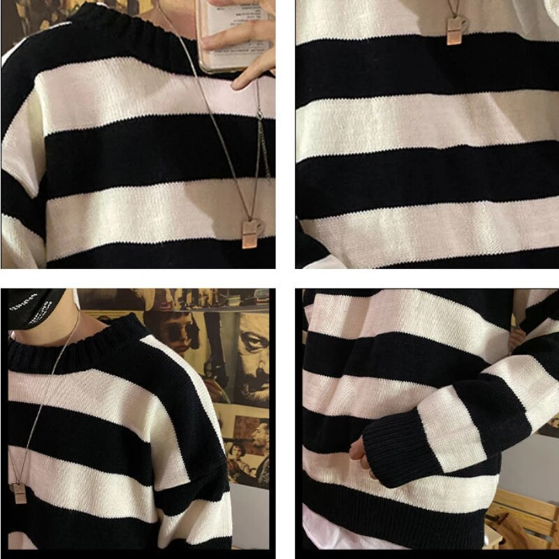 Svītrains džemperis vīriešiem rudens ziemas brīvs trikotāžas izstrādājumi ar O veida kakla izgriezumu vīriešu korejiešu stila moderns džemperis Pāris vienkāršs 90. gadu apģērbs