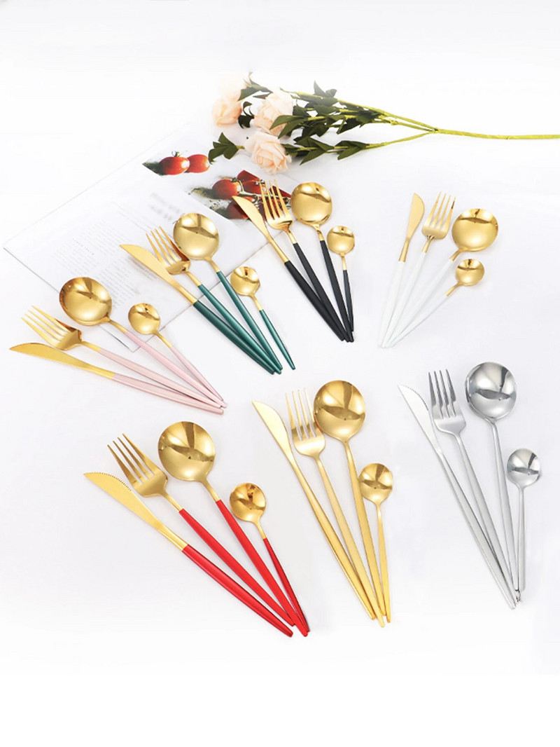 4-daļīgs Melnā zelta galda piederumu komplekts Nerūsējošā tērauda galda piederumi Galda piederumi Nazis dakša Karote Sudraba galda piederumi Virtuves piederumi