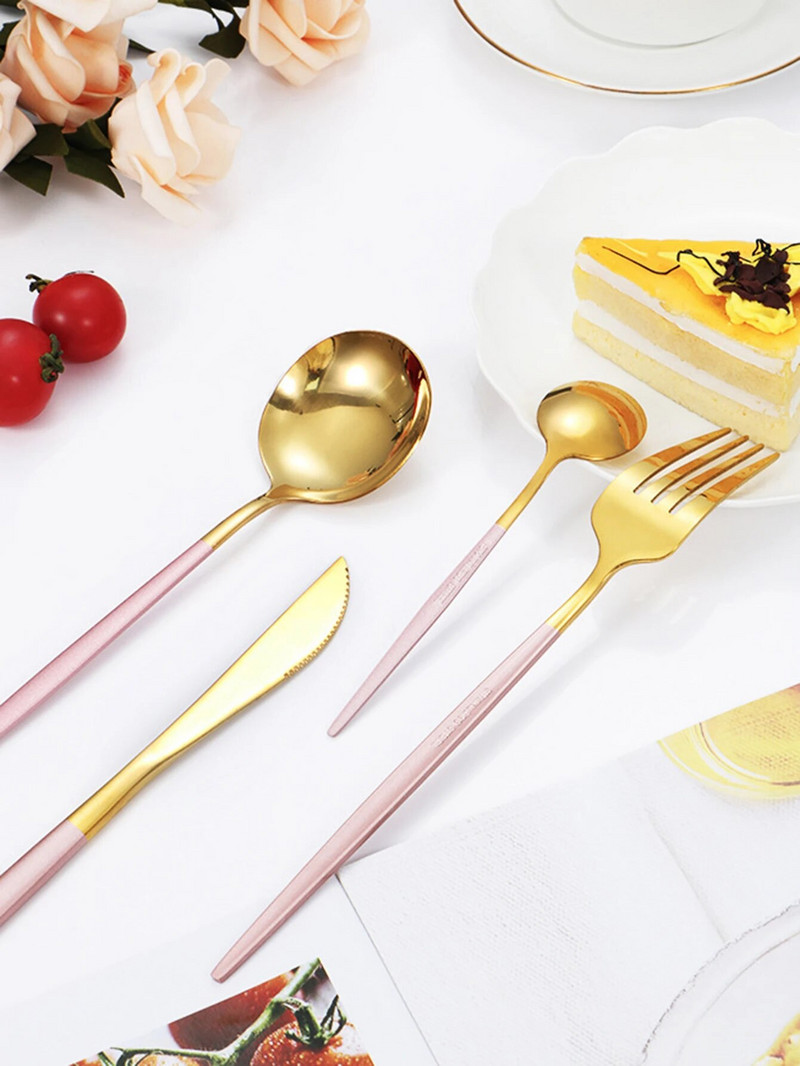 4-daļīgs Melnā zelta galda piederumu komplekts Nerūsējošā tērauda galda piederumi Galda piederumi Nazis dakša Karote Sudraba galda piederumi Virtuves piederumi