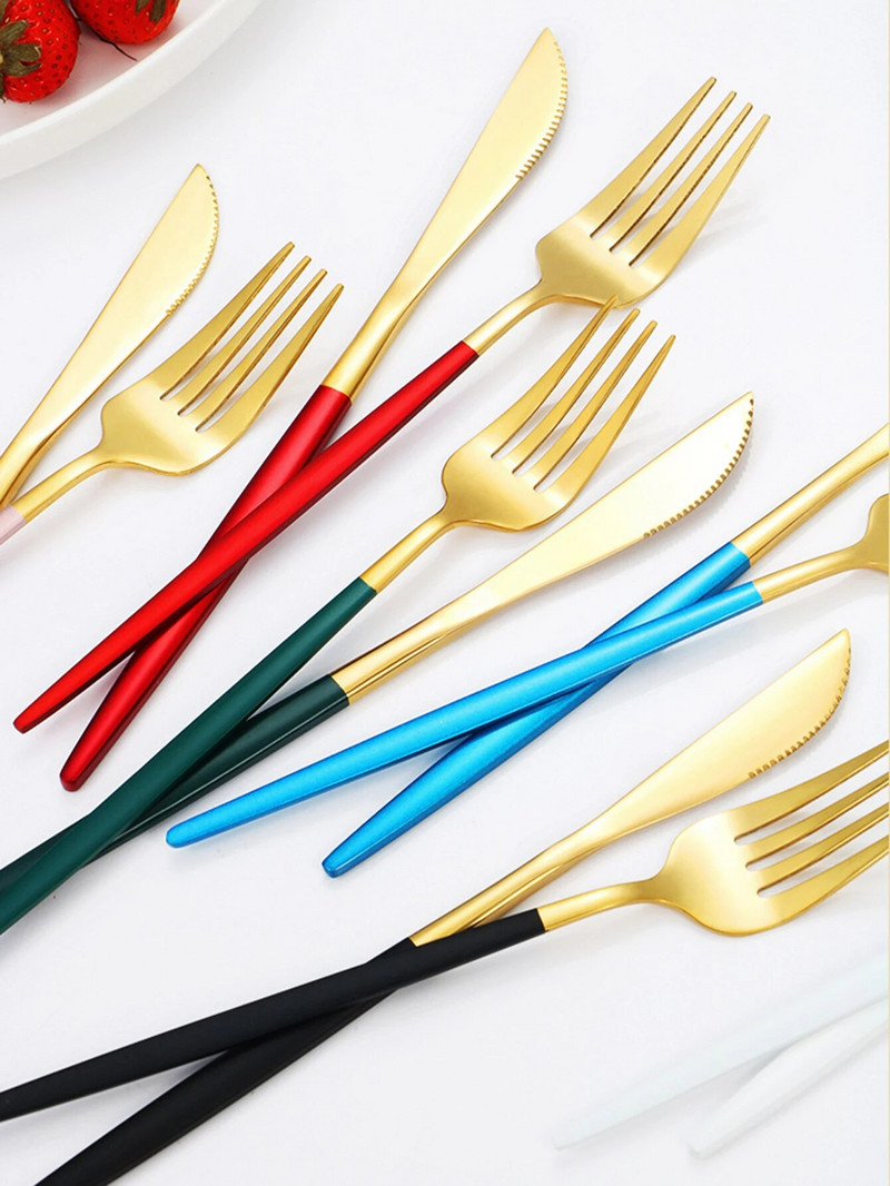 4-daļīgs Melnā zelta galda piederumu komplekts Nerūsējošā tērauda galda piederumi Galda piederumi Nazis dakša Karote Sudraba galda piederumi Virtuves piederumi