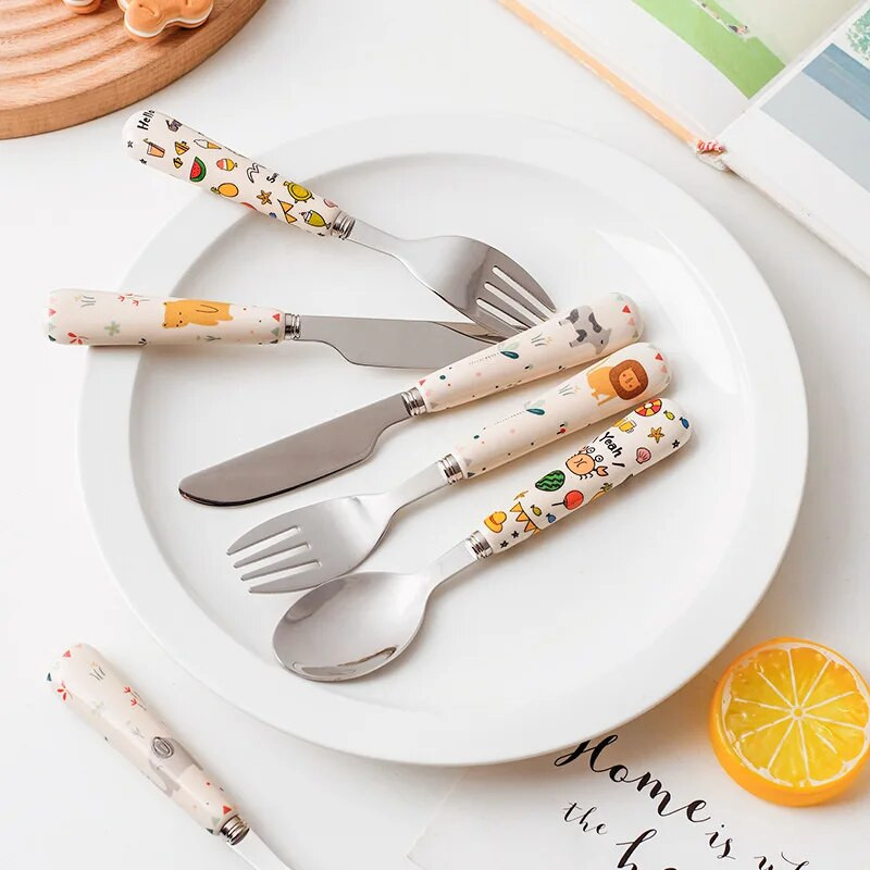 Lauva karikatūra nazis dakša karote galda piederumi bērniem galda piederumu komplekts jauks ziloņu keramikas nerūsējošā tērauda deserta karote augļu dakša