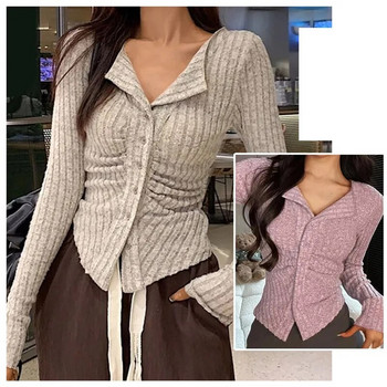 Y2k плетена жилетка, дамска яка, пуловер, палто, реколта, едноредно горнище с дълъг ръкав, есенна мода за момичета, джъмпер от трикотаж