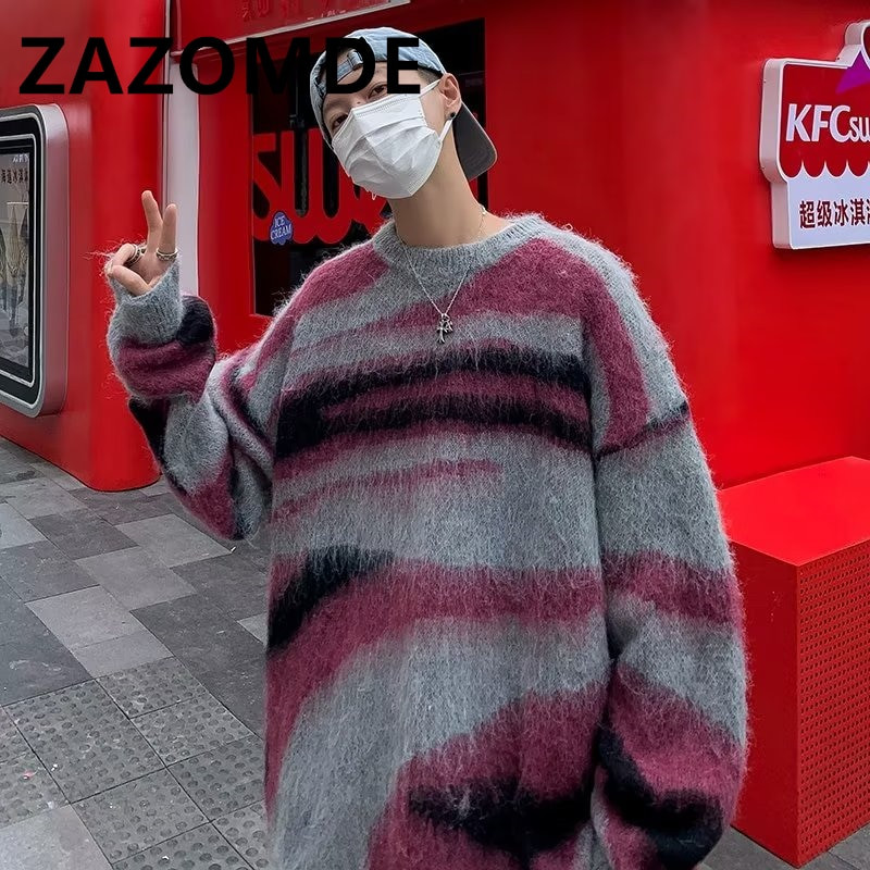 ZAZOMDE svītrains džemperis rudens ziemas trikotāžas džemperis Modes brīvs trikotāža Harajuku hip hop ielas apģērbs Lielizmēra trikotāžas džemperi