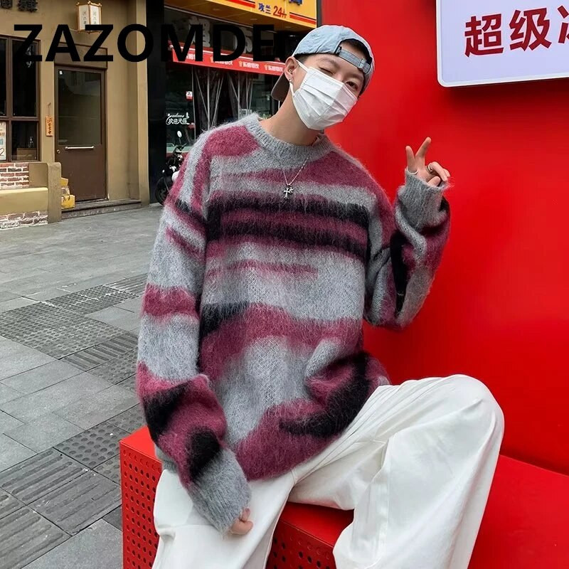 ZAZOMDE svītrains džemperis rudens ziemas trikotāžas džemperis Modes brīvs trikotāža Harajuku hip hop ielas apģērbs Lielizmēra trikotāžas džemperi