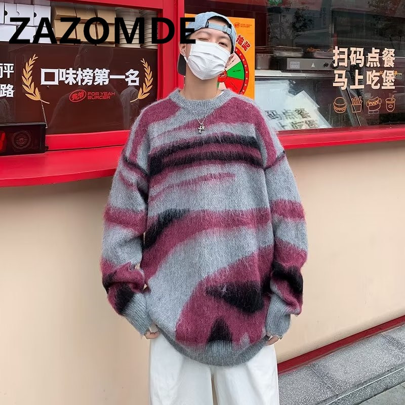 ZAZOMDE svītrains džemperis rudens ziemas trikotāžas džemperis Modes brīvs trikotāža Harajuku hip hop ielas apģērbs Lielizmēra trikotāžas džemperi