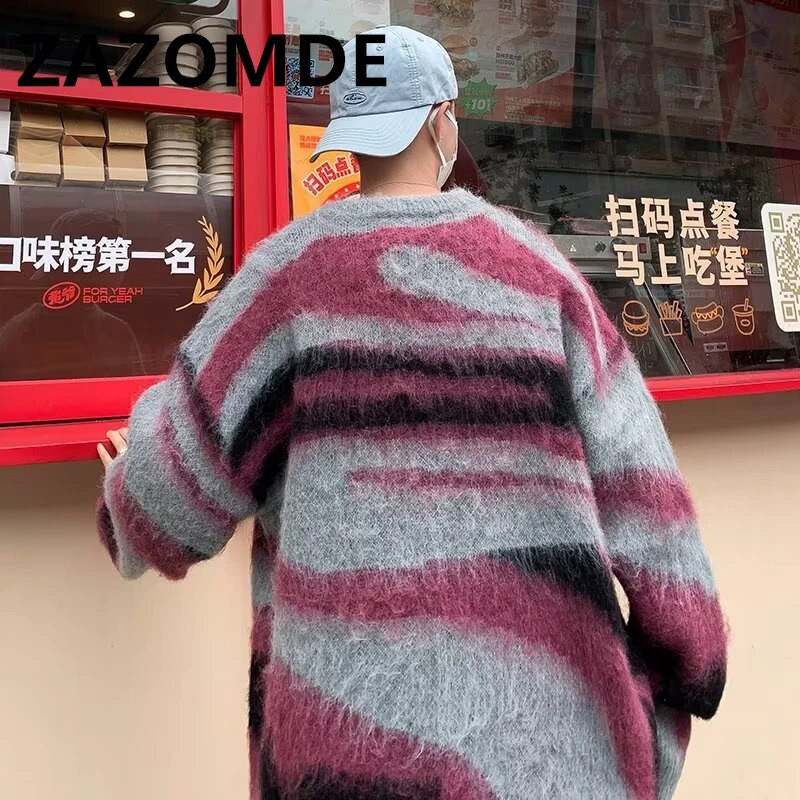 ZAZOMDE svītrains džemperis rudens ziemas trikotāžas džemperis Modes brīvs trikotāža Harajuku hip hop ielas apģērbs Lielizmēra trikotāžas džemperi